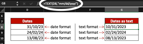 Dates are converted to text in the format MM/DD/YYYY in MS Excel.