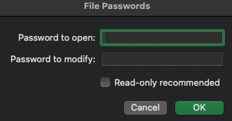 File Passwords window for Excel.