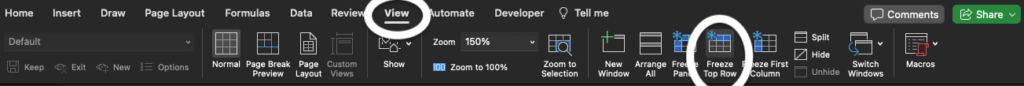 Excel screenshot highlighting View and Freeze Top Row.
