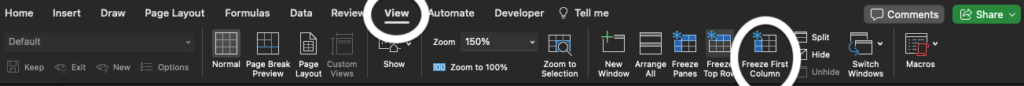 Excel screenshot highlighting View and Freeze First Column.