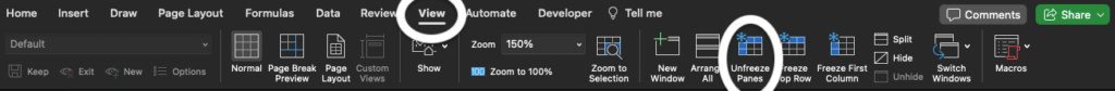 Excel screenshot highlighting View and Unfreeze Panes.