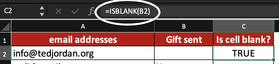 Excel screenshot with an example of use for the ISBLANK function.