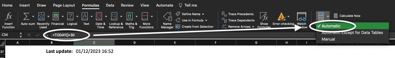 Excel menu with Automatic highlighted in Calculation Options.