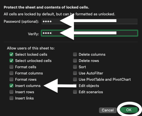 Protect the sheet and contents on Excel. Screenshot of password and actions options.