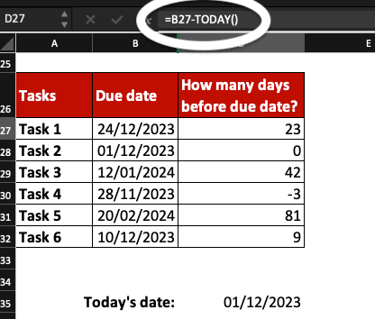 Excel with tasks, their due date and a column showing how many days are left before due dates. Formula used is =B27-TODAY().