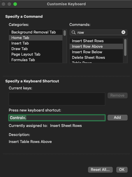 Insert row above shortcut creation in Excel.