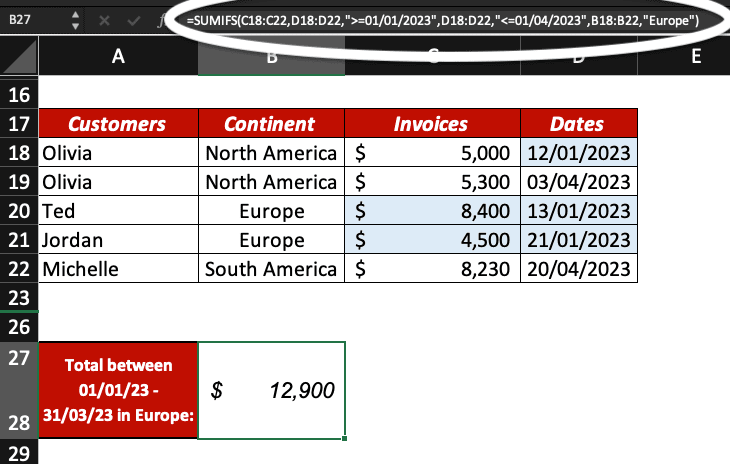 SUMIFS with dates with a total of 3 criteria. Excel screenshot of a table with customers, continent, invoices and dates.
