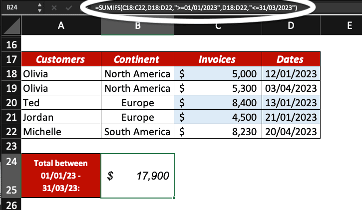 SUMIFS between dates in Excel. Table with customers, continent, invoices amount and dates.