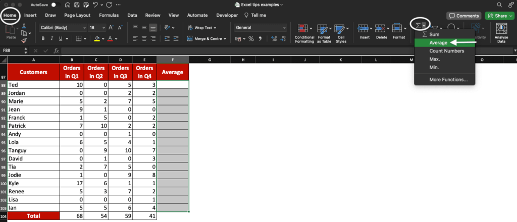 Home, AutoSum and Average options are highlighted in Excel.