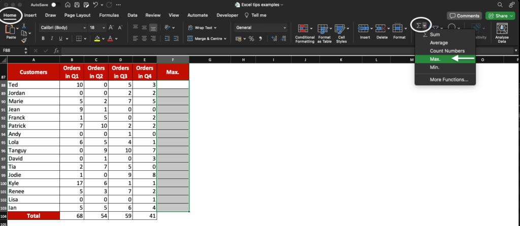 Buttons Home then AutoSum are highlighted on Excel. The option button is set to Max.