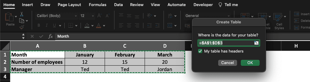 Excel table shortcut pressed and Create Table window appearing.