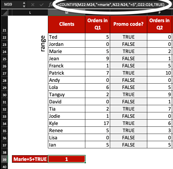 Example of COUNTIFS with multiple criteria in Excel, with text elements.