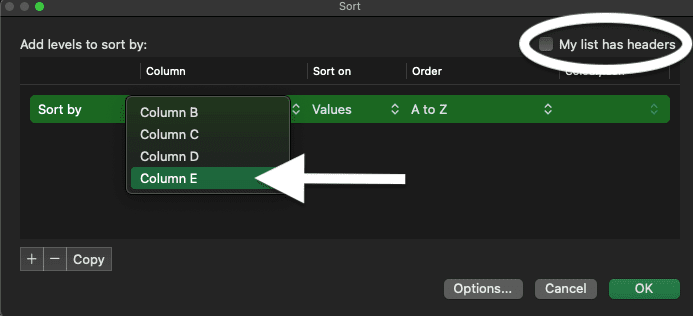Custom Sort window in Excel with a choice of selection for Columns, Sort on, Order.