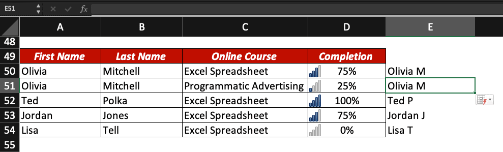 Flash Fill shortcut pressed so data in column E is appearing in Excel.
