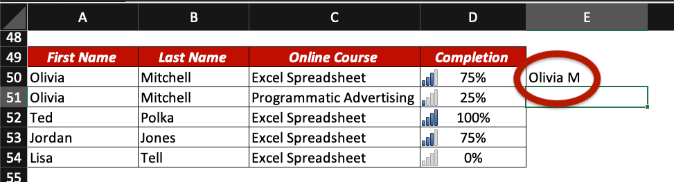 Flash Fill shortcut use example. Screenshot of Excel table with "Olivia M" highlighted in cell E50.