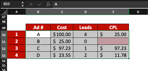 Cells B50 to E53 are selected in Excel.