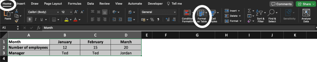 Excel Home and Format as Table buttons highlighted.