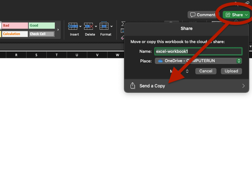 Send a copy of Excel workbook option in Excel.