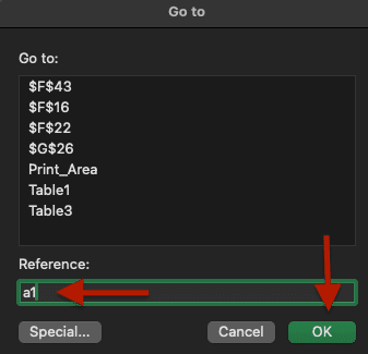 Go to tool window with "a1" as reference in Excel.