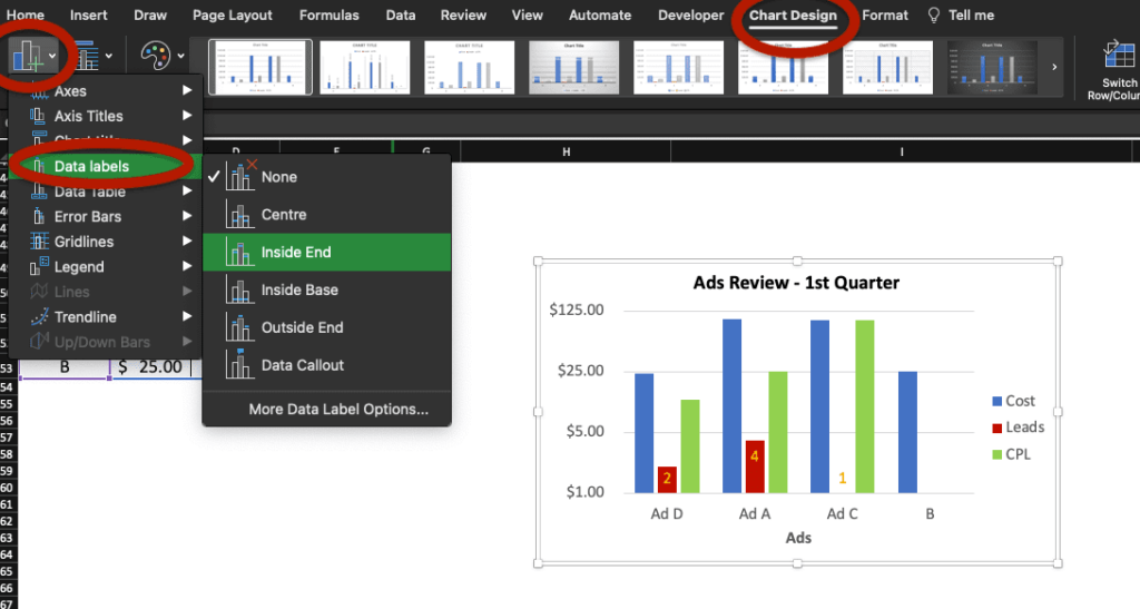 Excel screenshot highlighting where to find Data labels.