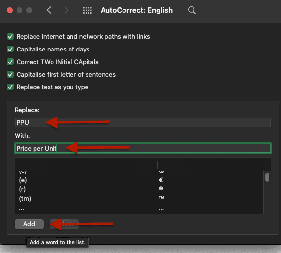 AutoCorrect window with additional text shortcuts on Excel.