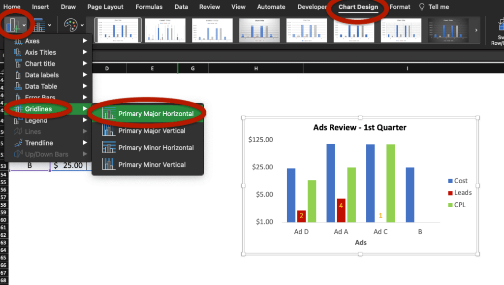 Graph formatting options in Excel: image highlighting where to find Gridlines to remove them.