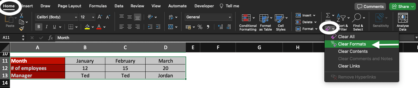 Home and unformat table features highlighted.