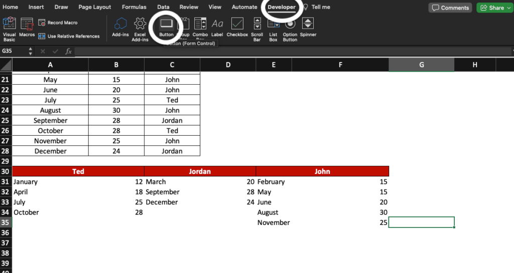 Developer tab and Button feature highlighted in Excel.