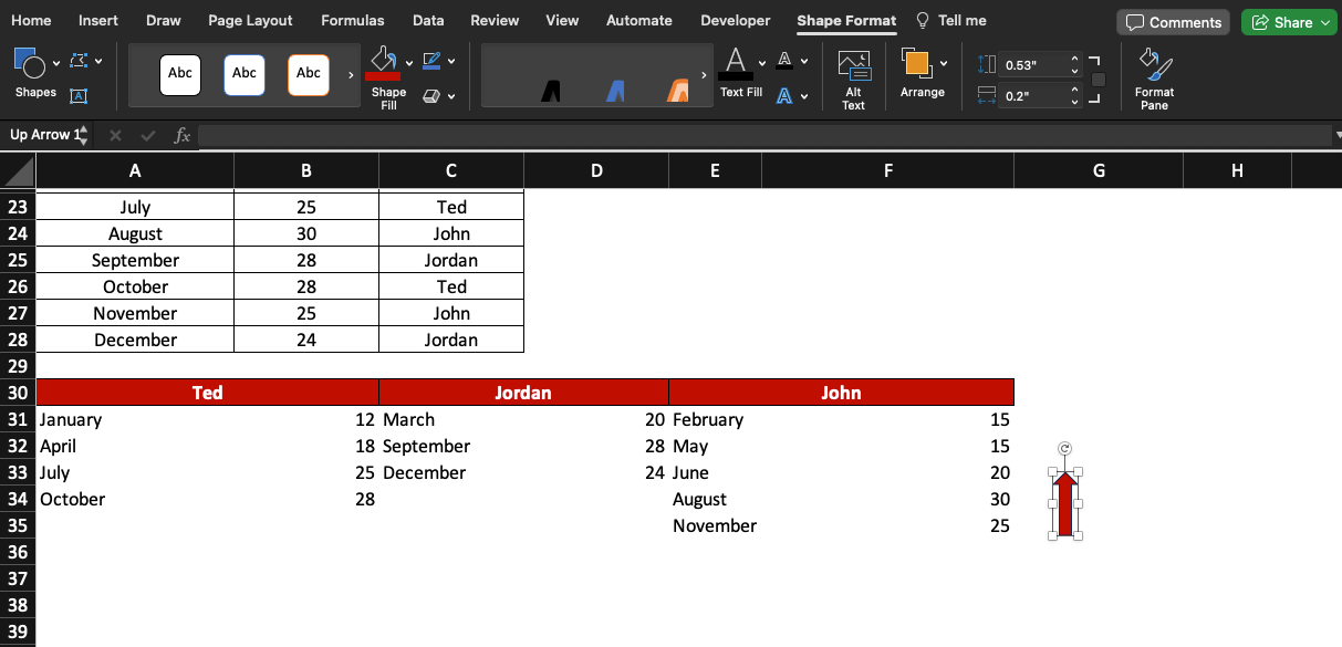 A arrow pointing up has been added to the Excel worksheet.