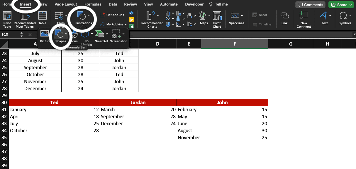 Excel book with Insert, Illustrations and Shapes highlighted.