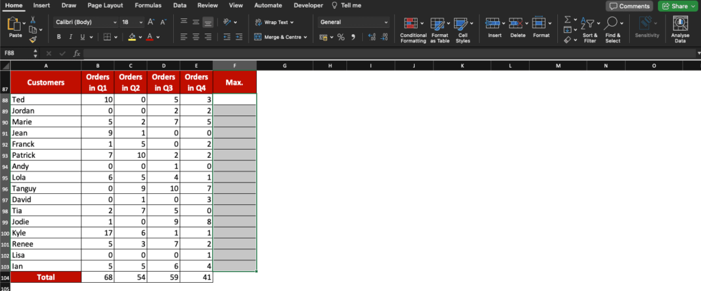 Excel screenshot of cells selection.