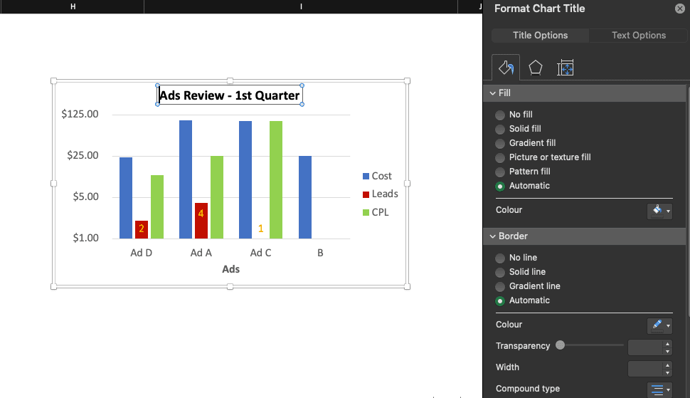 Graph title selected and Format Chart Title window on the right side in Excel.