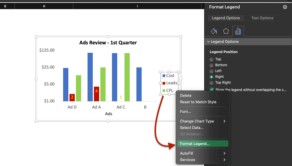 Format Legend… highlighted to format graphs in Excel.