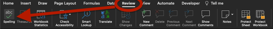 Review and Spelling buttons highlighted on Excel to run spell check.