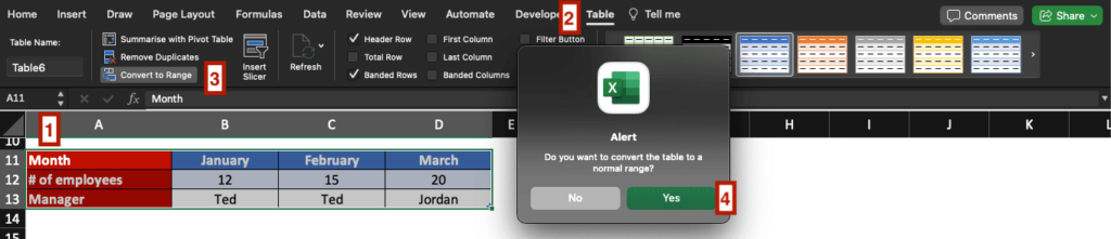 Excel table selected with Table tab and Convert to Range tool highlighted. An alert message says "Do you want to convert the table to a normal range?".