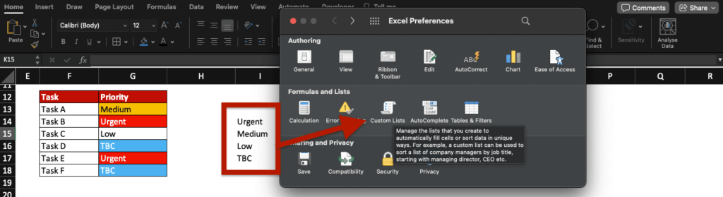 Excel table with Excel preferences window open. Custom Lists icon is highlighted.