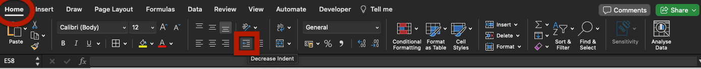 Where to find the decrease indent button in Excel: Home tab.