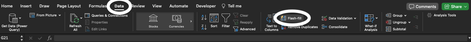 Screenshot highlighting where to find Flash Fill in Excel. Data tab.