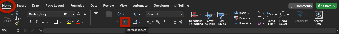 Where is the increase indent button in Excel: Home tab.