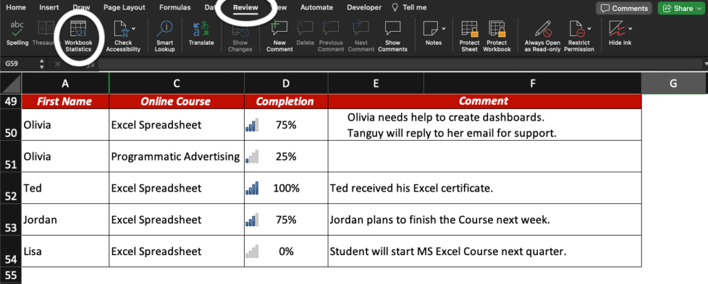 Excel screenshot with Review and Workbook Statistics highlighted. The Excel table contains icons linked to completion rate.