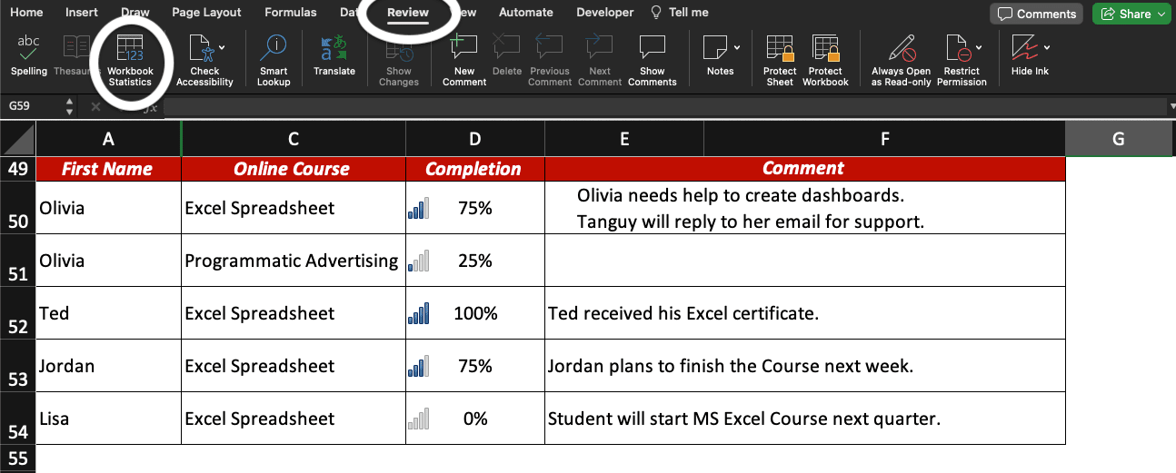 Excel screenshot with Review and Workbook Statistics highlighted. The Excel table contains icons linked to completion rate.