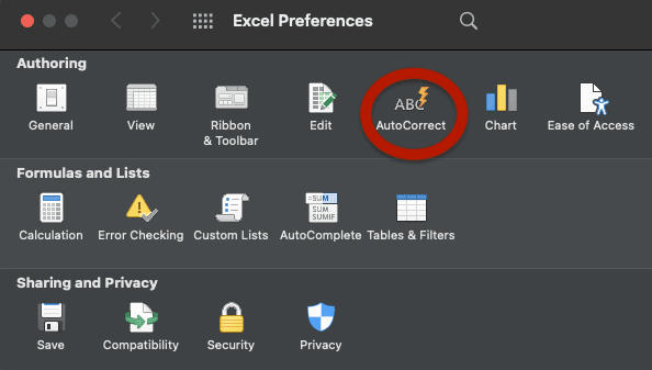 Excel Preferences window with AutoCorrect highlighted.