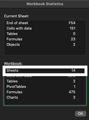 Excel Workbook Statistics window with number of sheets highlighted.