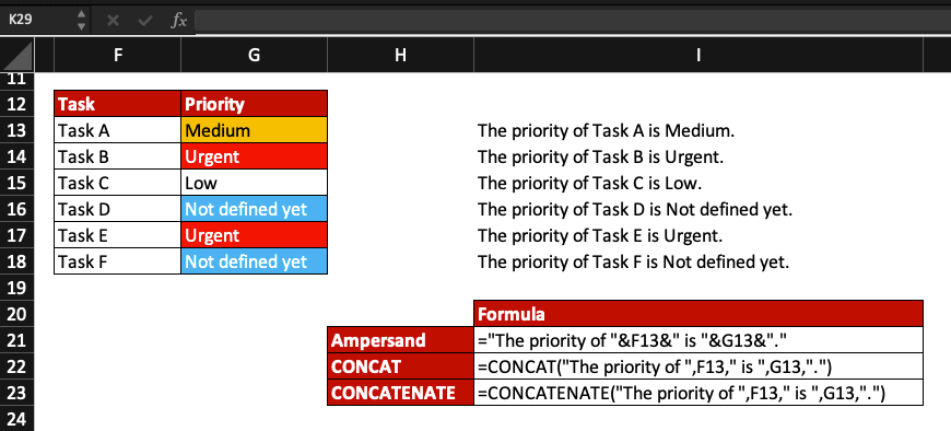 Excel worksheet with Ampersand, CONCAT and CONCATENATE formulas explained. The formulas are different but the result is the same.