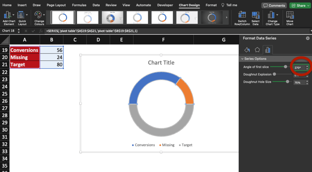 Image pointing where to modify the angle of first slice of a doughnut chart in Excel.