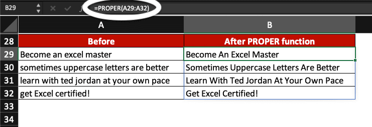 First letter of each word is capitalised in Excel thanks to the PROPER function.