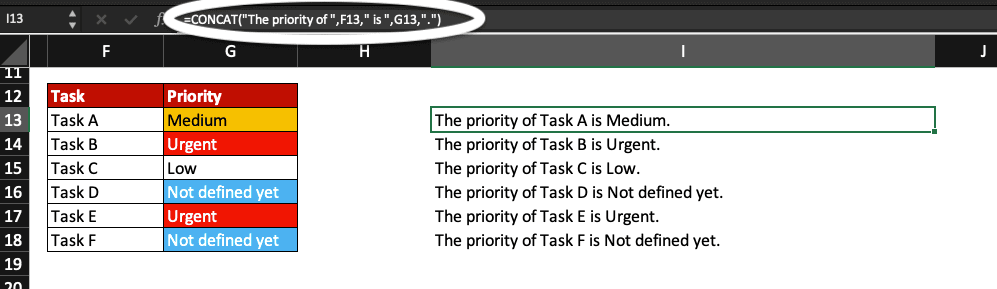 Excel worksheet with CONCAT.