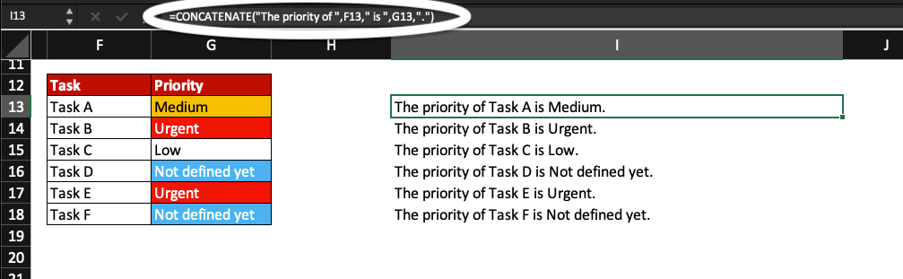 Excel worksheet with the CONCATENATE function merging two columns.