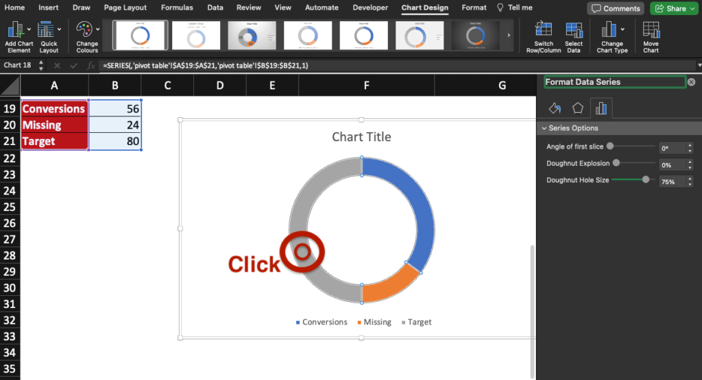 Image of a doughnut chart in Excel with the area to click highlighted and Format Data Series.