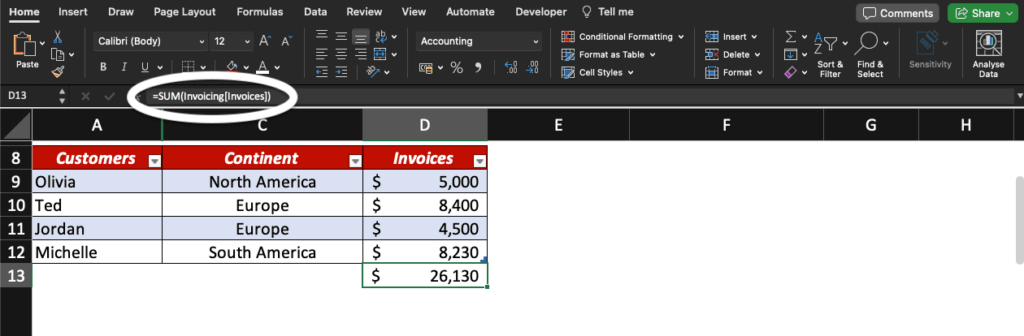 Excel formula using structured reference.